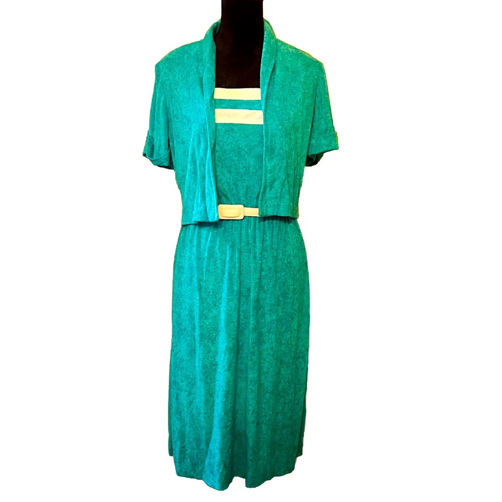 ACT I 60s Vintage Green Terry Cloth Belted Dress with Jacket Size 13 (M)